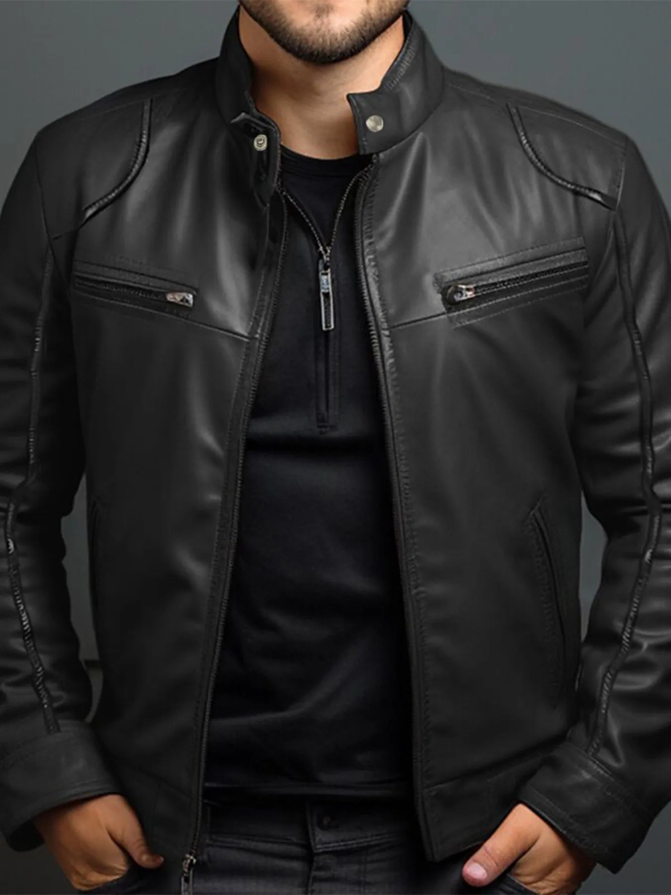 Men's Full Size Leather Motorcycle Jacket with Zipper Front Plus Size by Trendsi