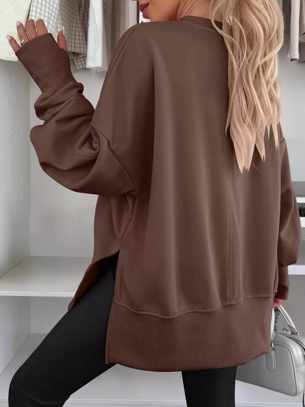 Side Slit Round Neck Long Sleeve Sweatshirt by Trendsi