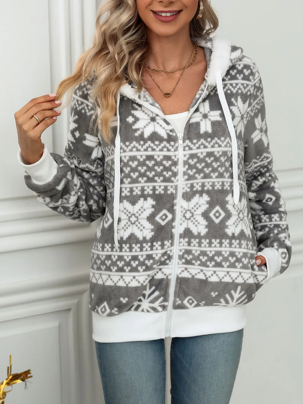 Drawstring Snowflake Zip Up Hooded Outerwear by Trendsi