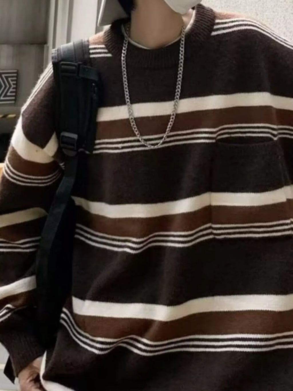 Men's Striped Knit Dropped Shoulder Sweater by Trendsi