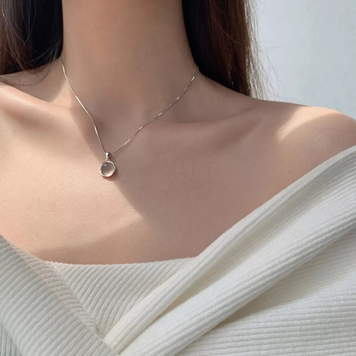925 Sterling Silver Cat's Eye Stone Pendant Necklace by Trendsi