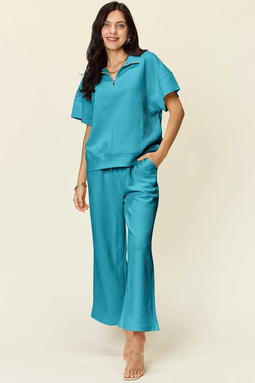 Double Take Full Size Texture Half Zip Short Sleeve Top and Pants Set by Trendsi