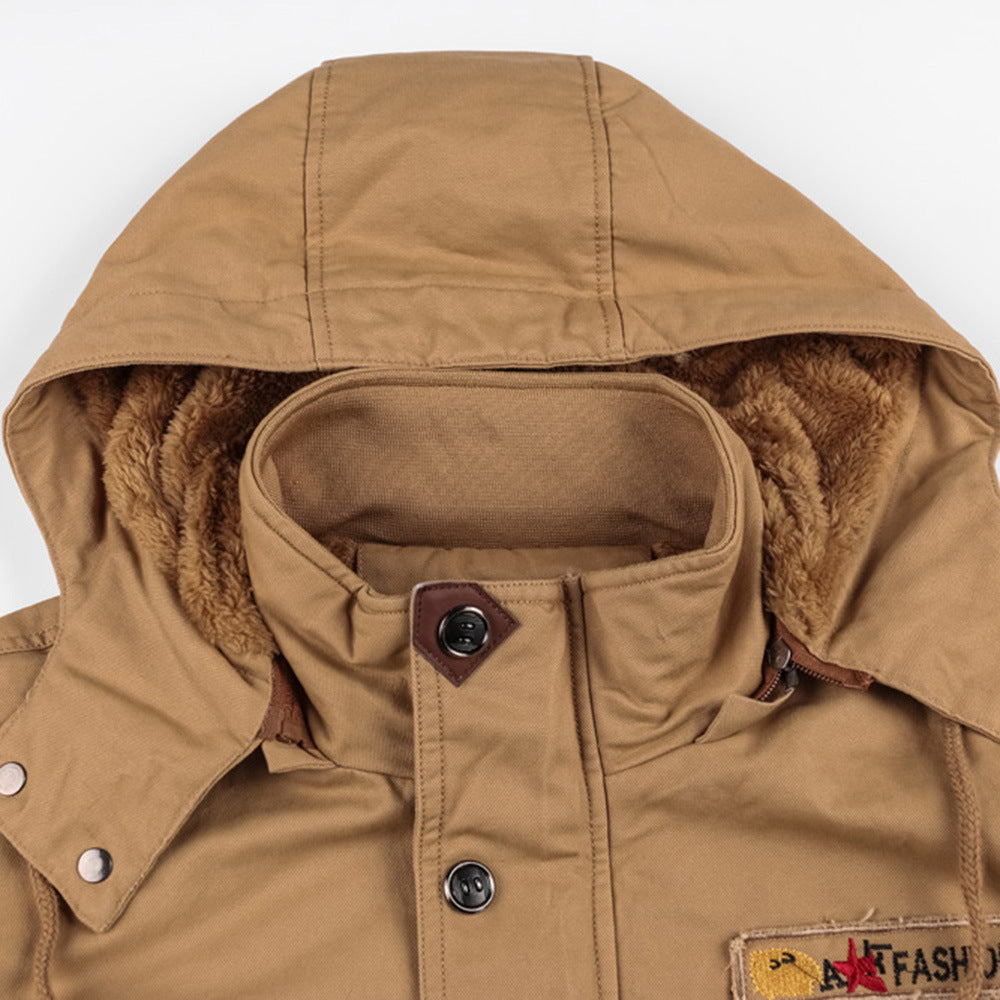 Winter Zip-up Coat Warm Thickened Detachable Hooded Jacket Multi-pocket Button Drawstring Long Sleeve Tops Men's Cargo Clothing by Estely