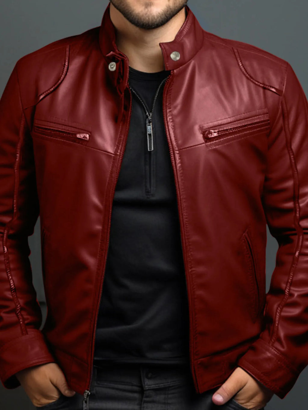 Men's Full Size Leather Motorcycle Jacket with Zipper Front Plus Size by Trendsi