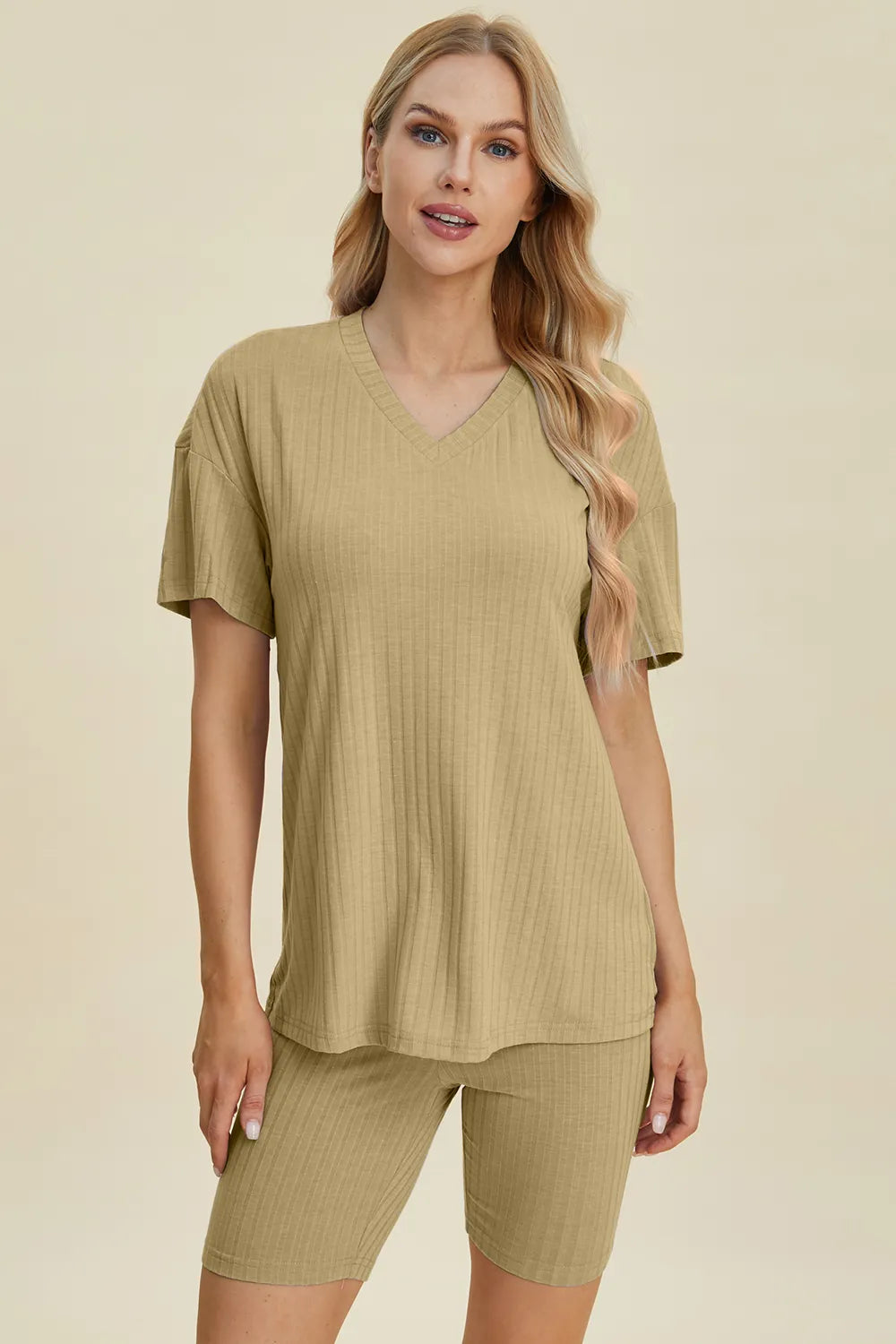 Basic Bae Full Size Ribbed V-Neck Short Sleeve Top and Shorts Set by Trendsi
