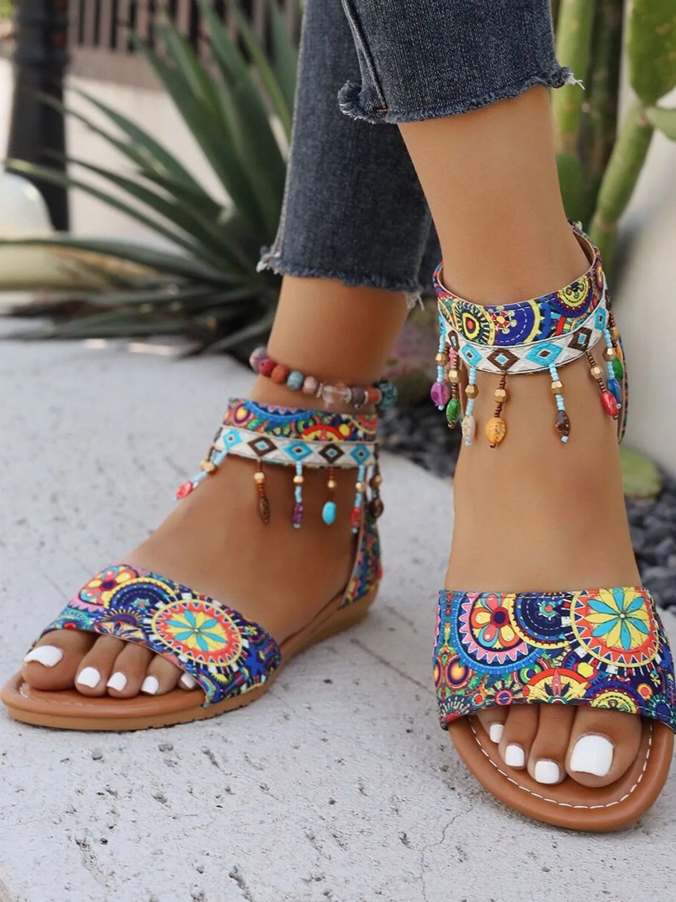 Beaded Ankle Strap Sandals by Trendsi
