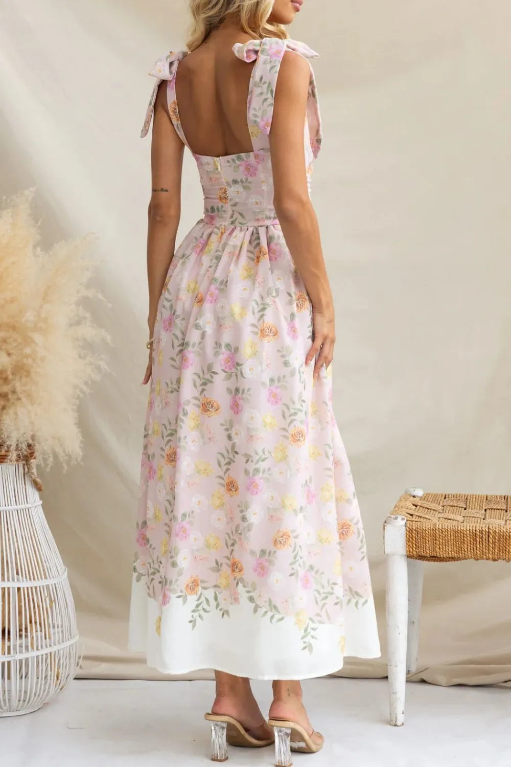 Printed Tie Shoulder Midi Cami Dress by Trendsi
