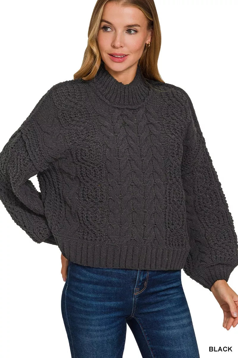 Zenana Cable-Knit Ribbed Turtleneck Sweater by Trendsi