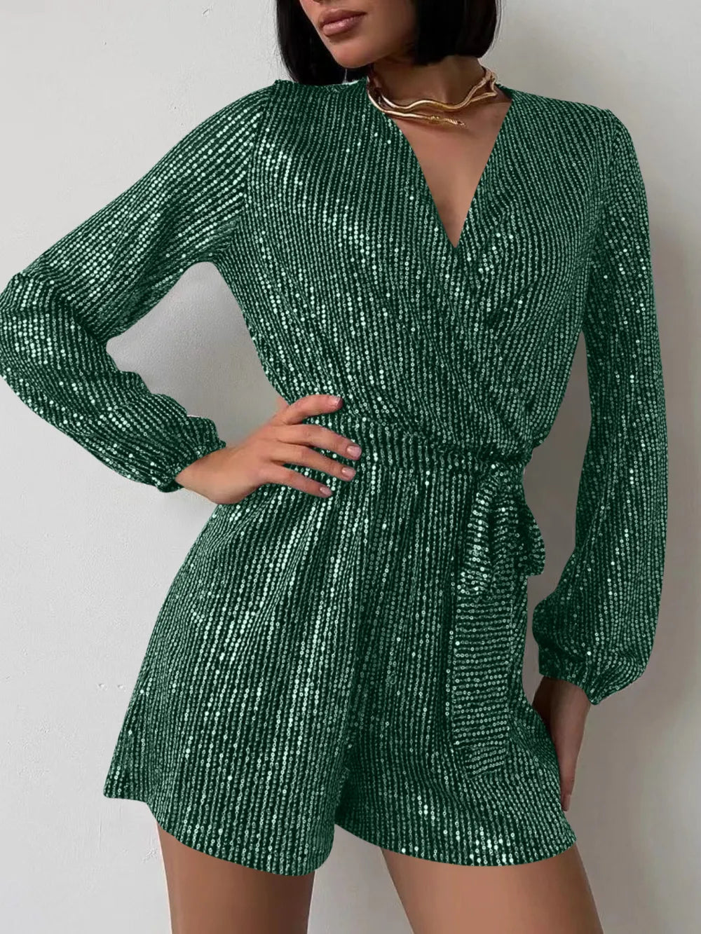 Full Size Sequin Surplice Tie Waist Long Sleeve Romper by Trendsi
