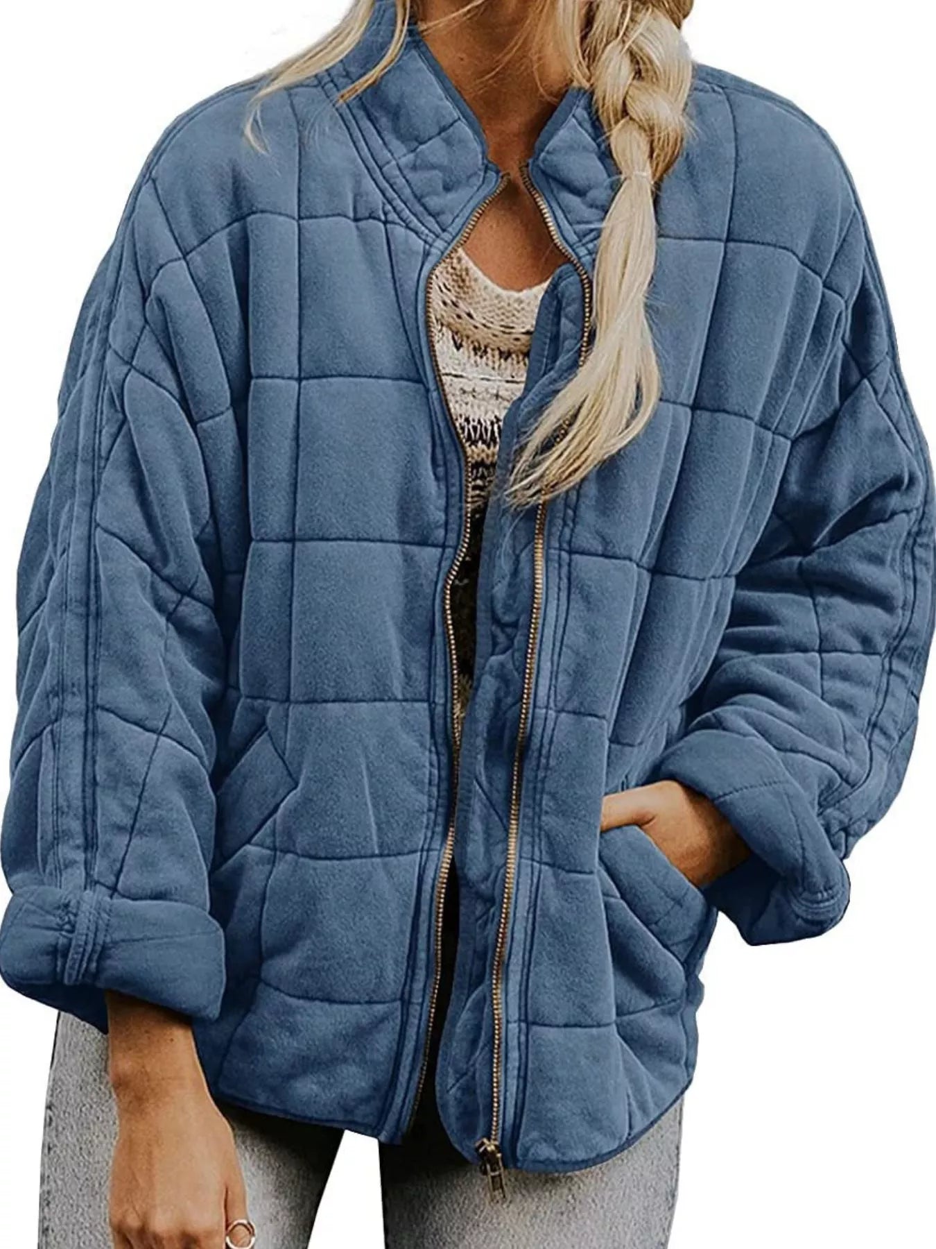 Full Size Zip Up Quilted Bomber Jacket Plus Size by Trendsi