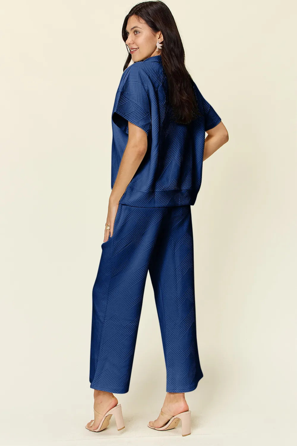 Double Take Full Size Texture Half Zip Short Sleeve Top and Pants Set by Trendsi