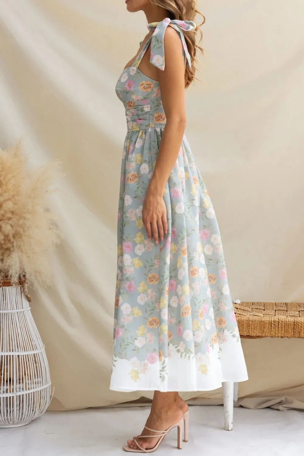 Printed Tie Shoulder Midi Cami Dress by Trendsi