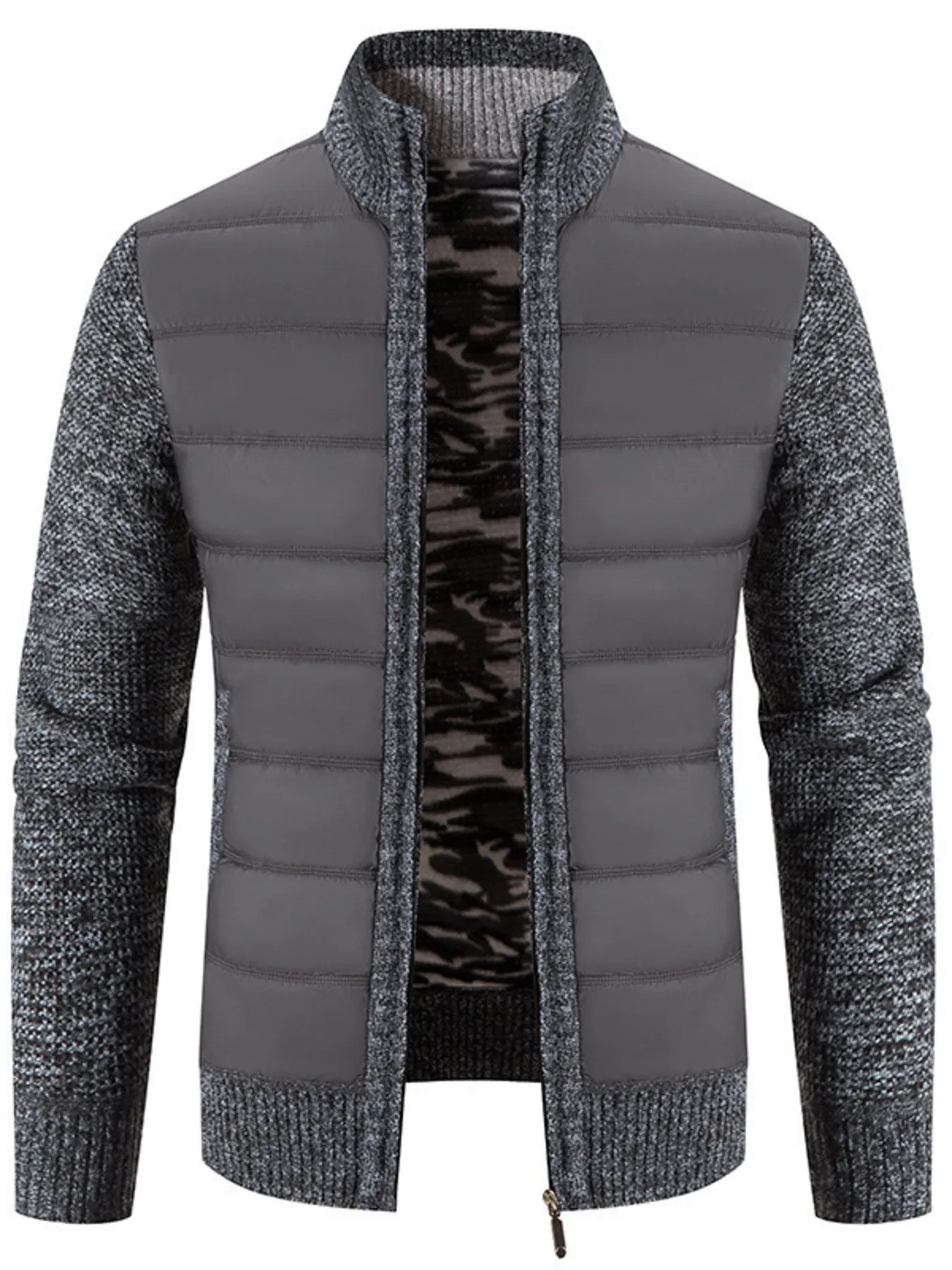 Men's Plus Size Quilted Knit Bomber Jacket with Stand Collar by Trendsi