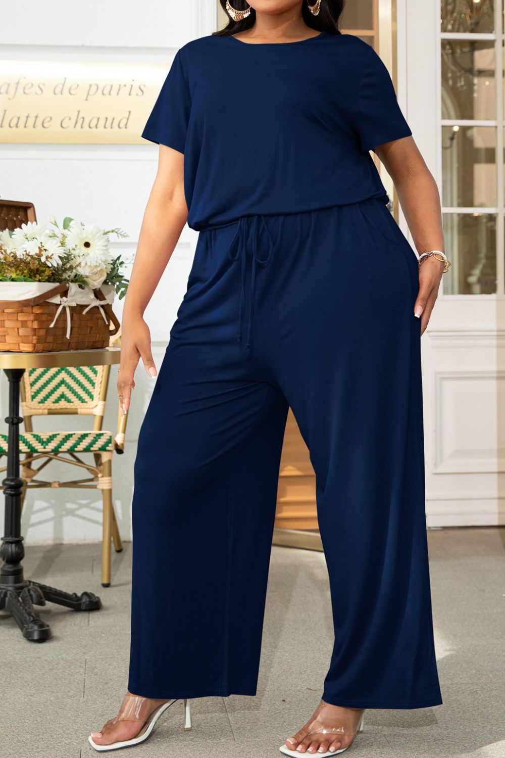 Plus Size Drawstring Waist Short Sleeve Jumpsuit by Trendsi