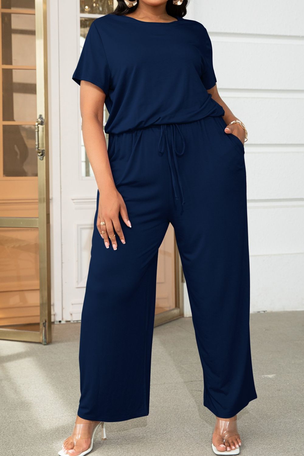Plus Size Drawstring Waist Short Sleeve Jumpsuit by Trendsi