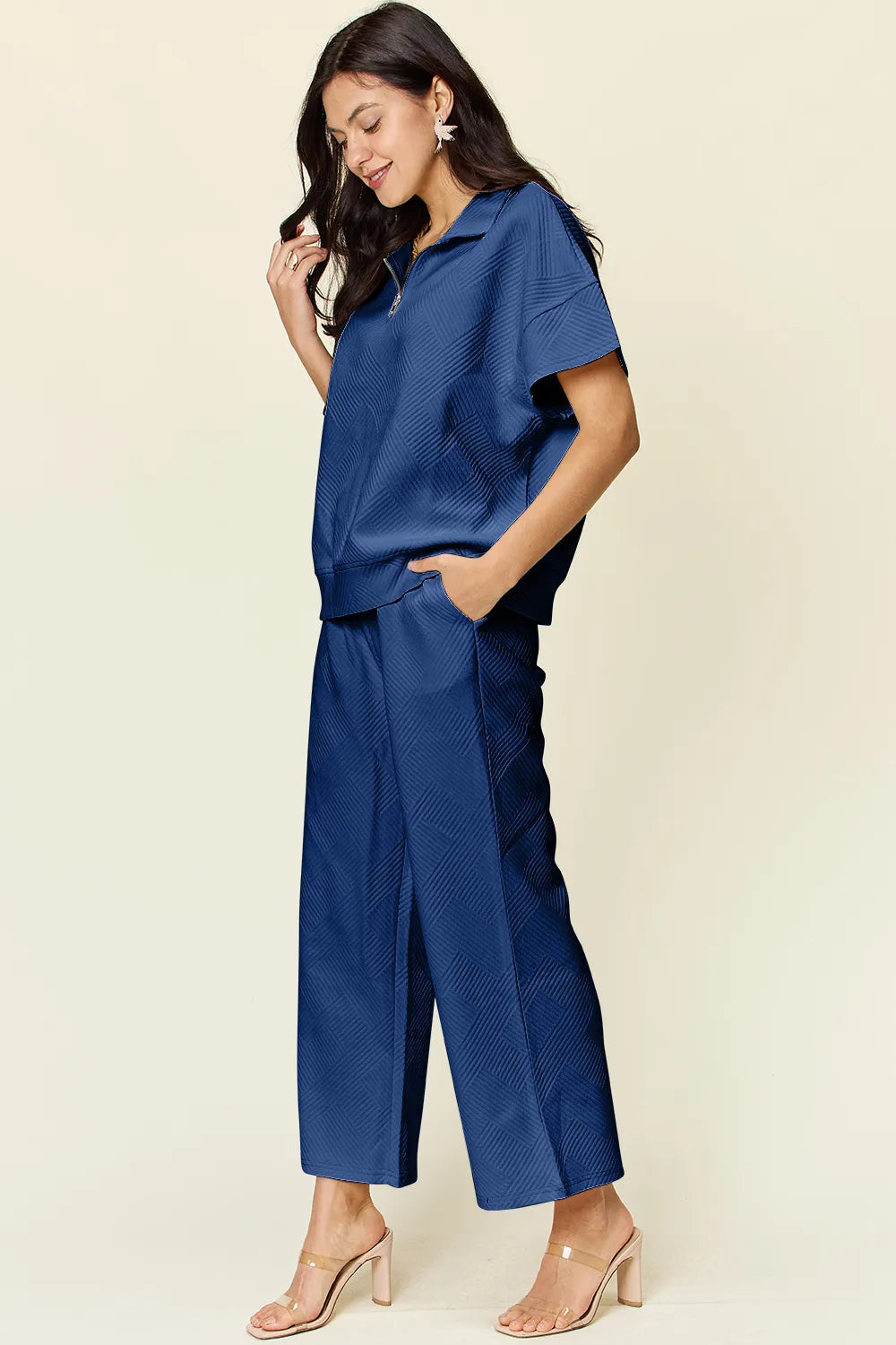 Double Take Full Size Texture Half Zip Short Sleeve Top and Pants Set by Trendsi