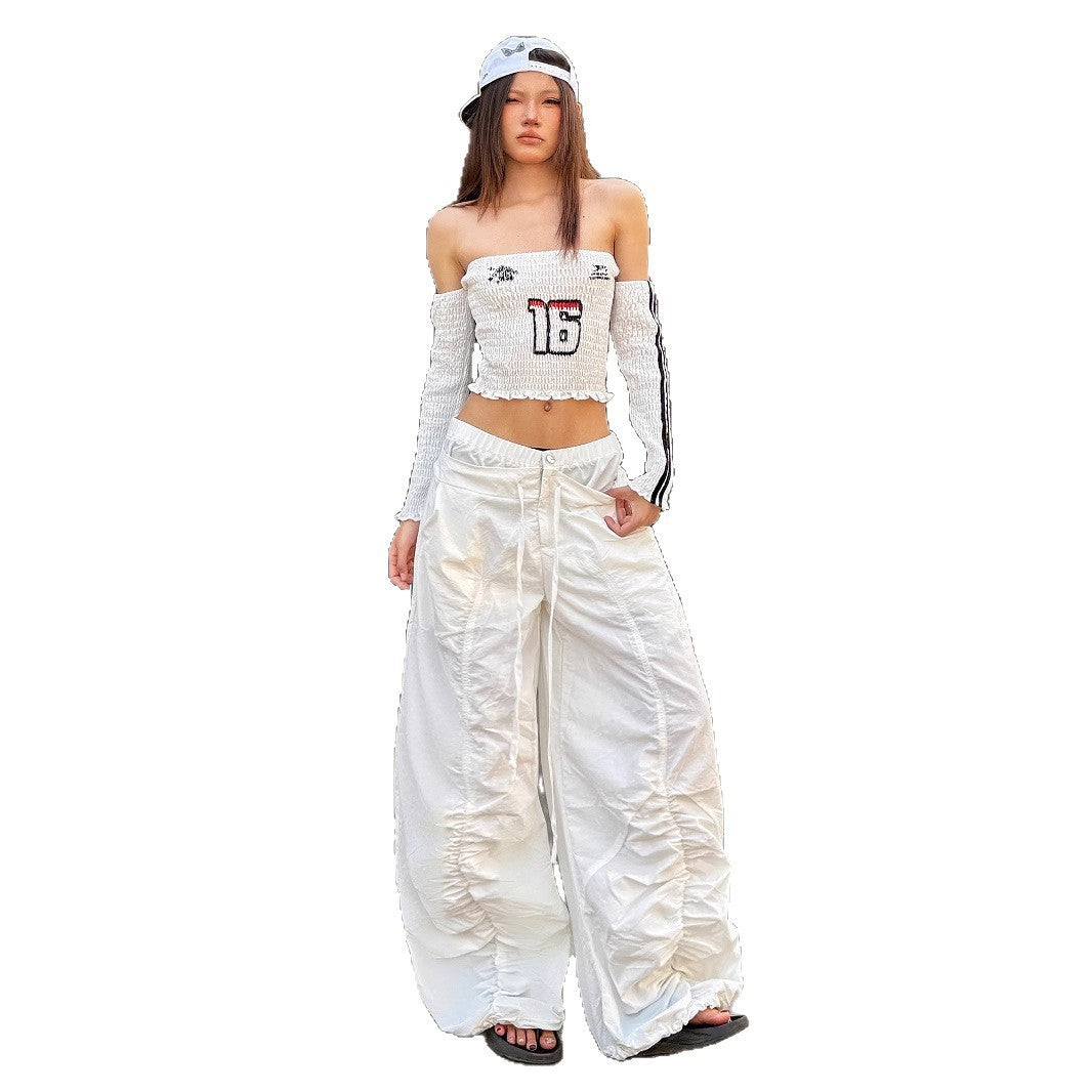 Ruffle Drawstring Lace Letters Embroidered Slacks by DC-THE CEO