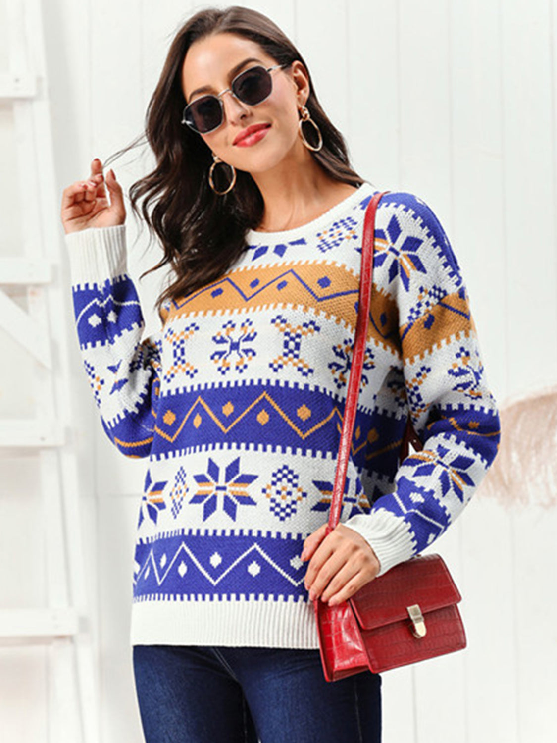 Snowflake Pattern Round Neck Sweater by Trendsi