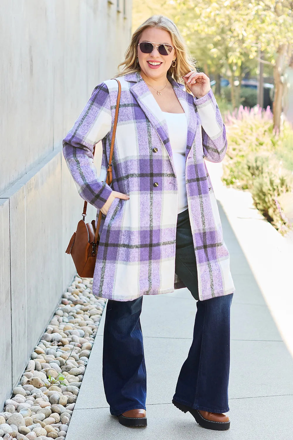 Double Take Full Size Plaid Button Up Lapel Collar Coat by Trendsi