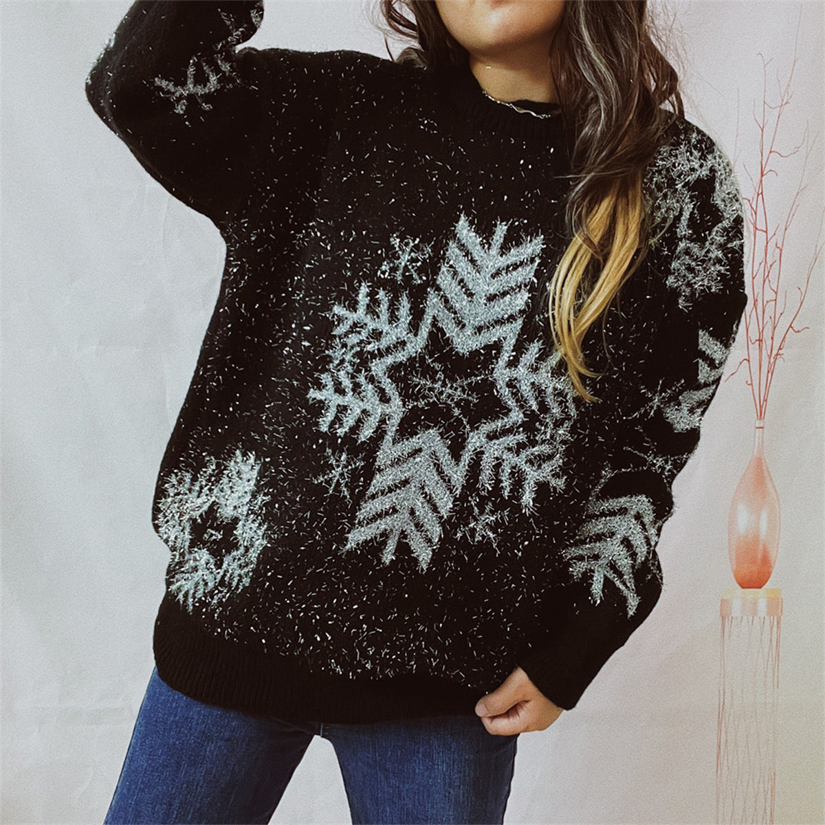 Snowflake Pattern Long Sleeve Sweater by Trendsi