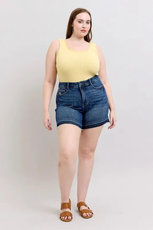 Judy Blue Full Size High Waist Tummy Control Destroy Release Hem Denim Shorts Plus Size by Trendsi