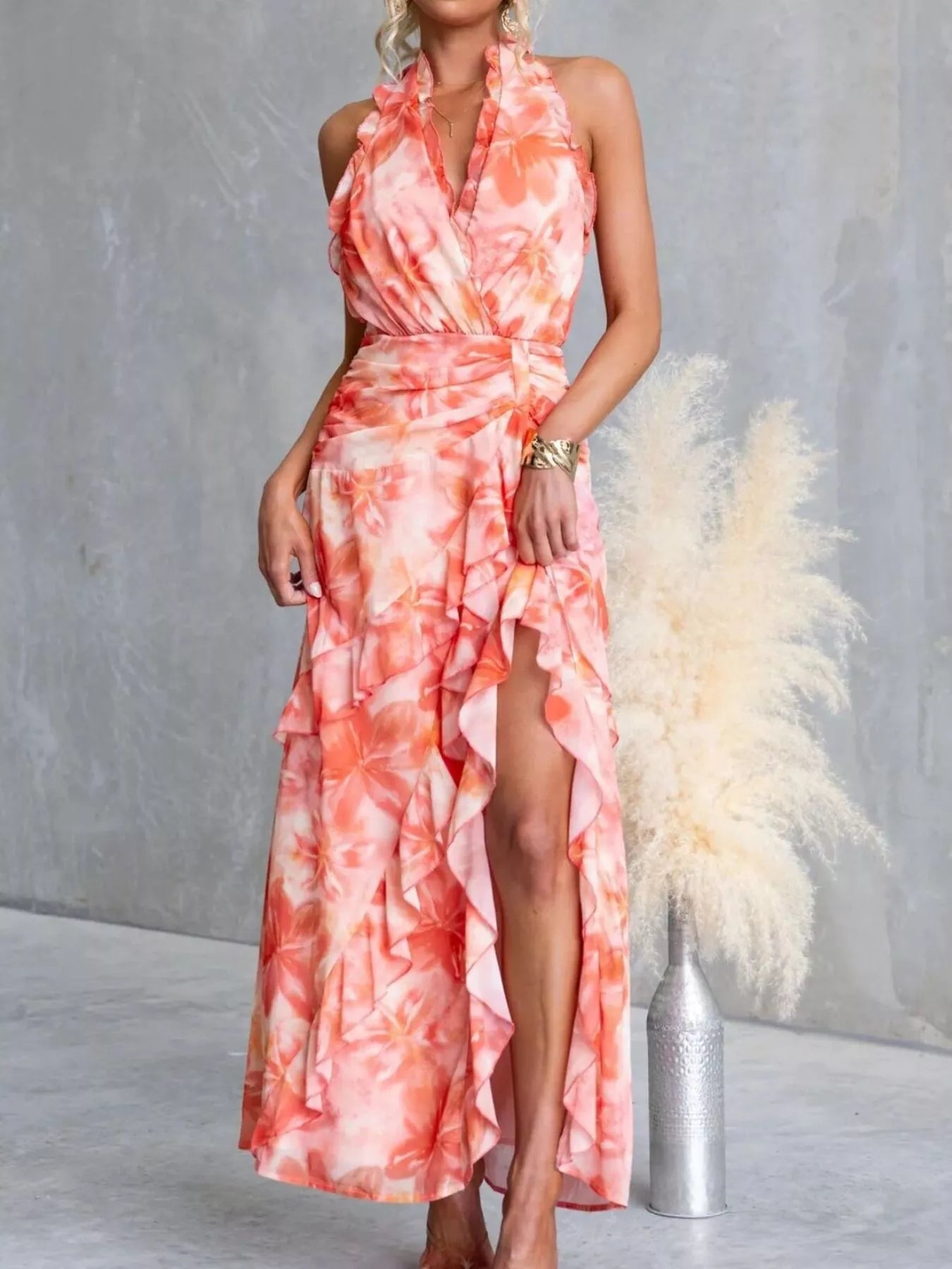 Floral Print Ruffle Halter Neck Maxi Dress by Trendsi