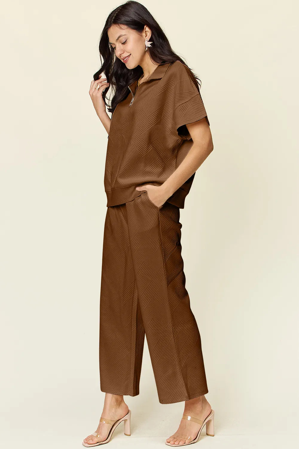 Double Take Full Size Texture Half Zip Short Sleeve Top and Pants Set by Trendsi