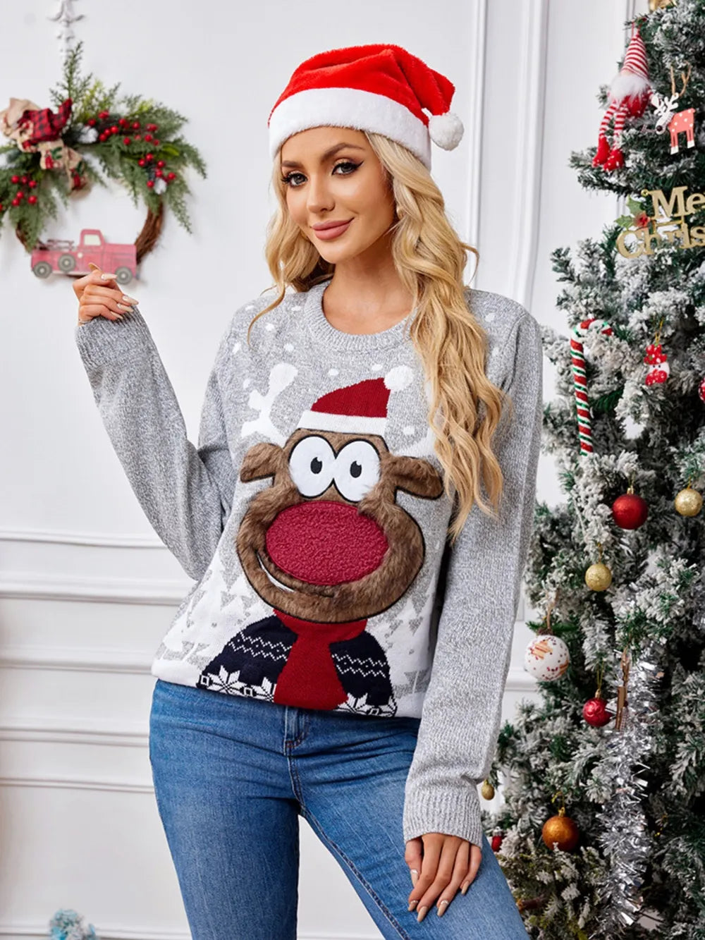 Reindeer Round Neck Long Sleeve Sweater by Trendsi