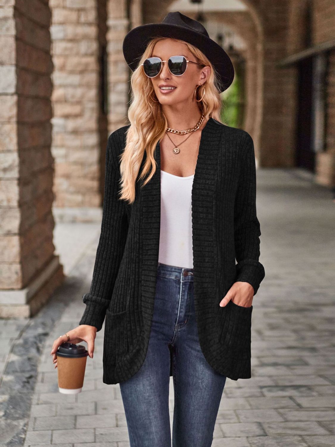 Open Front Cardigan with Pockets by Trendsi