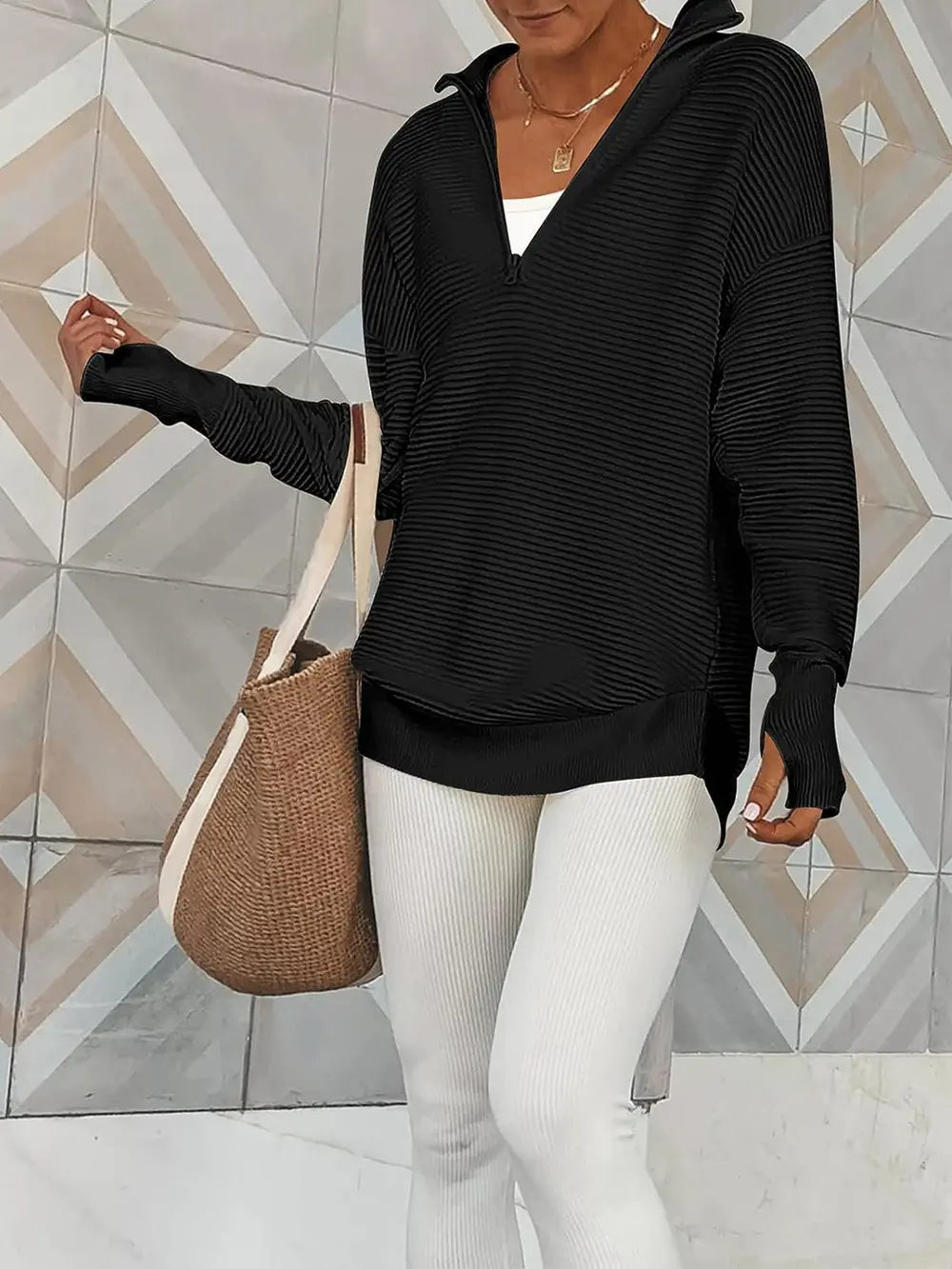 Half Zip Long Sleeve Knit Top by Trendsi