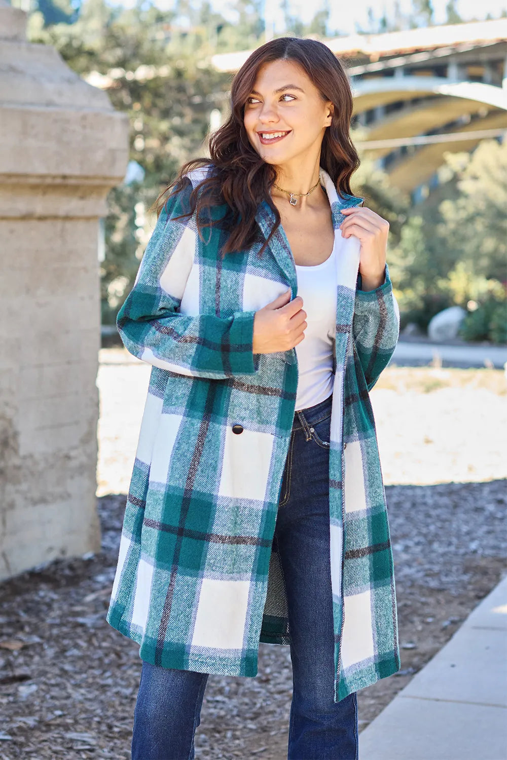 Double Take Full Size Plaid Button Up Lapel Collar Coat by Trendsi
