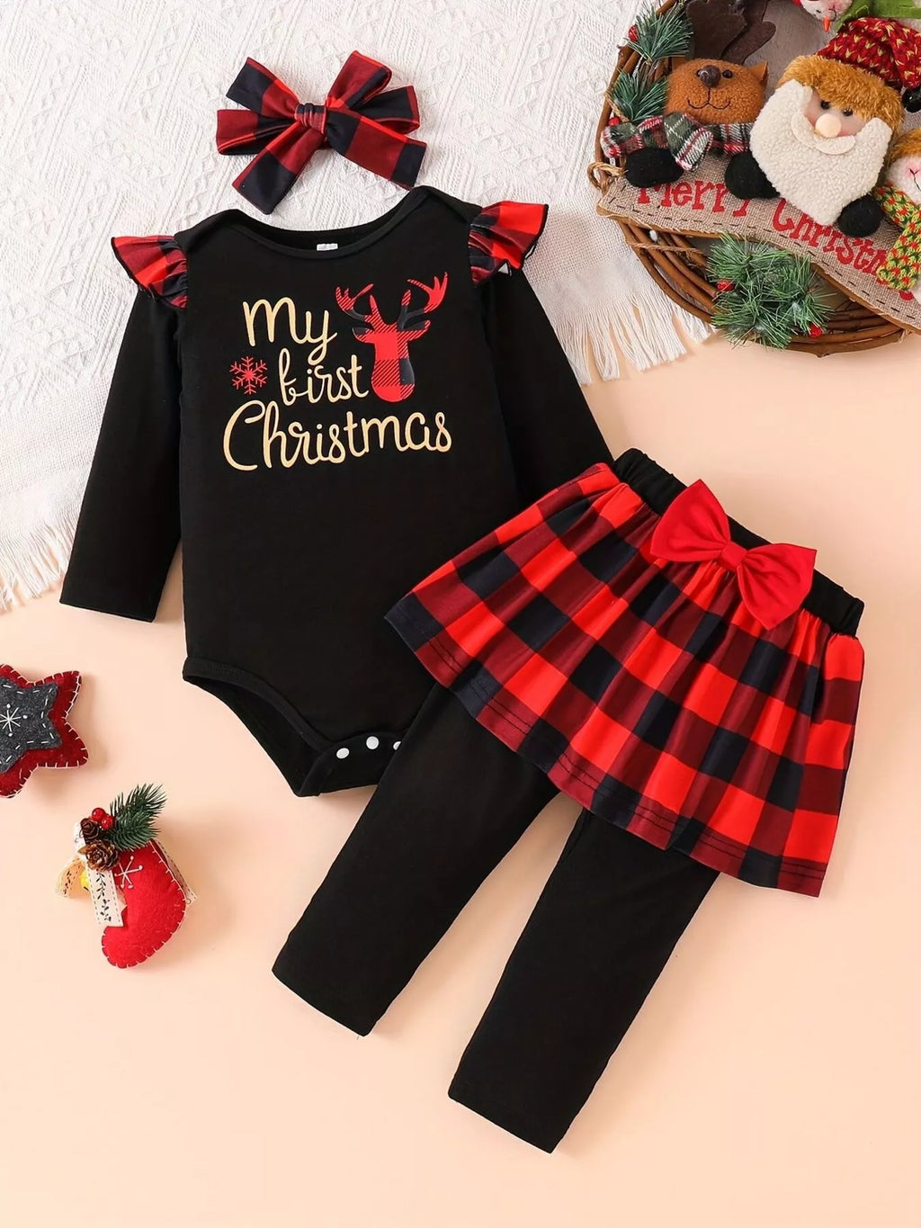 Children's Christmas Bodysuit and Pants Set with Headband by Trendsi