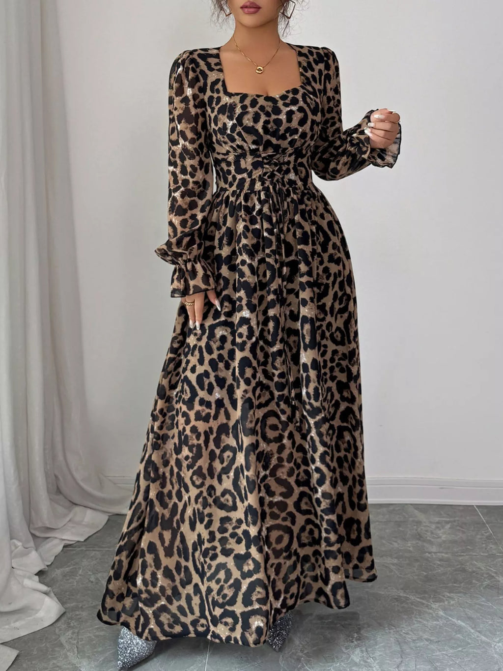 Leopard Sweetheart Neck Flounce Sleeve Maxi Dress by Trendsi