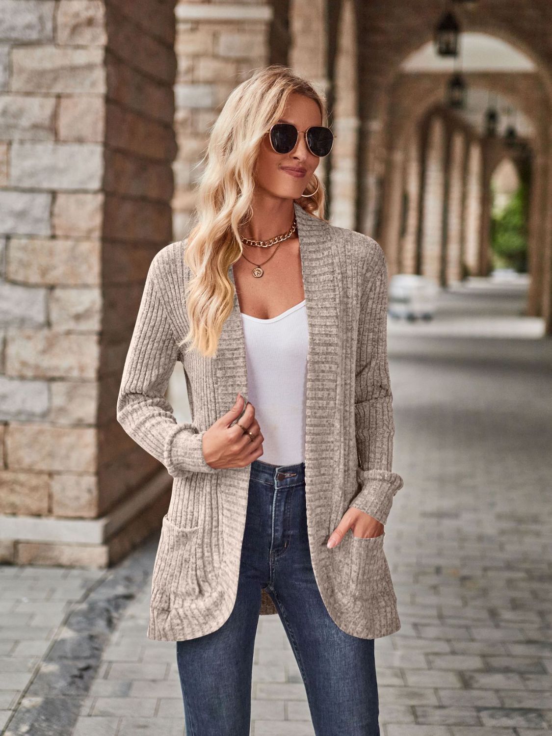 Open Front Cardigan with Pockets by Trendsi