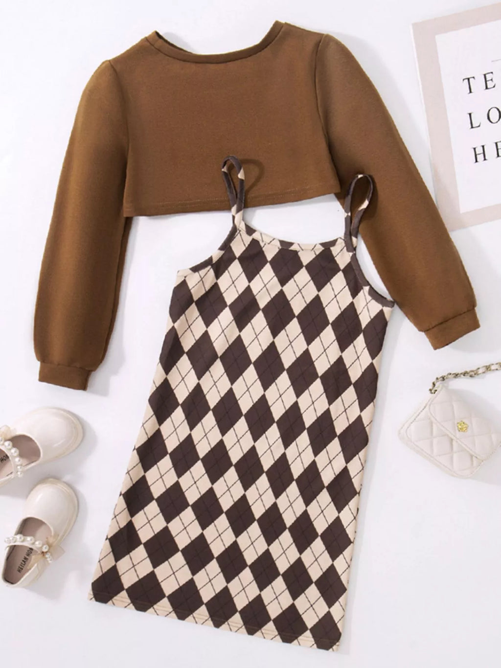 Children's Plaid Print Long Sleeve Dress Set by Trendsi