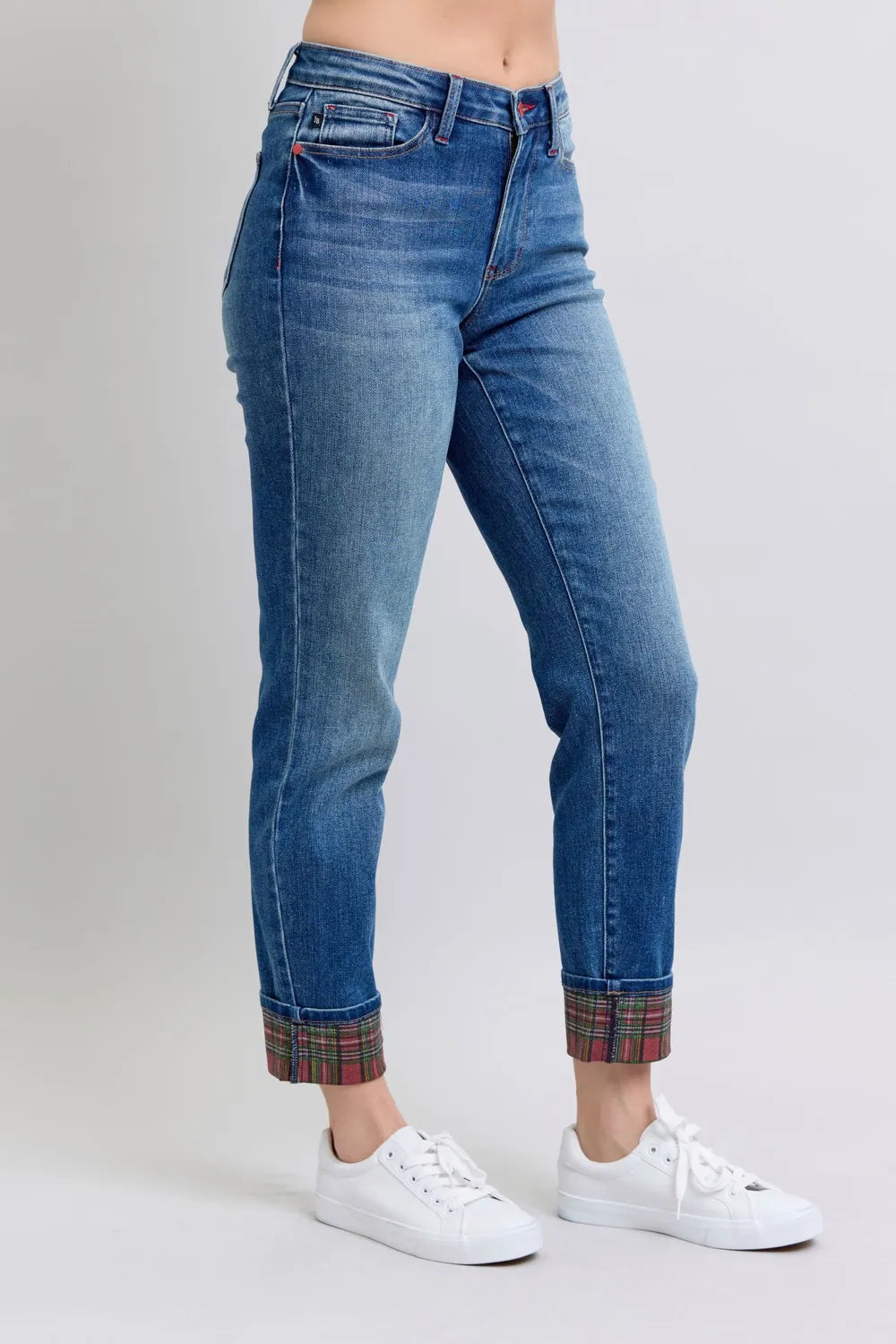 Judy Blue Full Size Plaid Print Cuff Straight Leg Jeans with Pockets by Trendsi