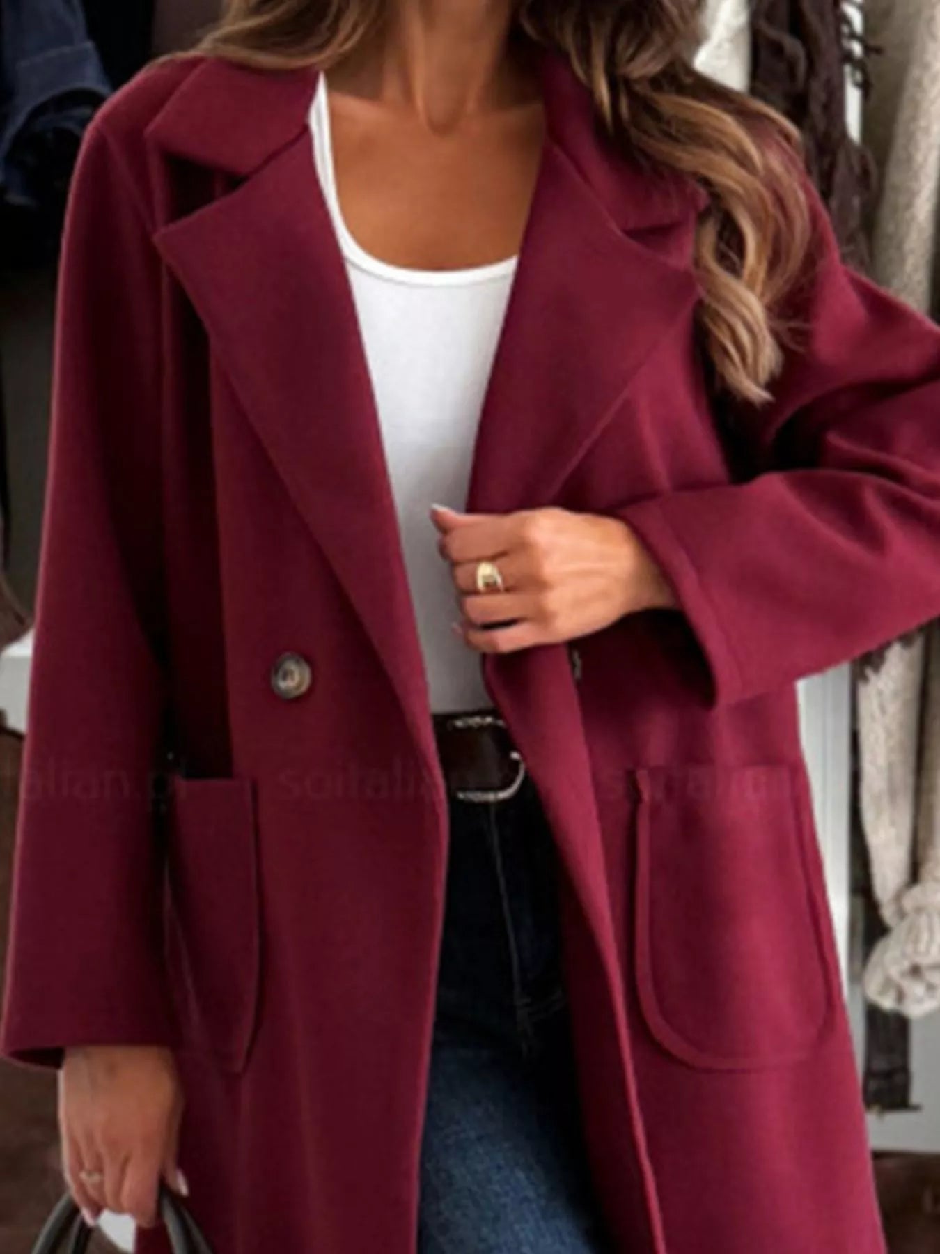 Long-Sleeve Single-Breasted Trench Coat by Trendsi