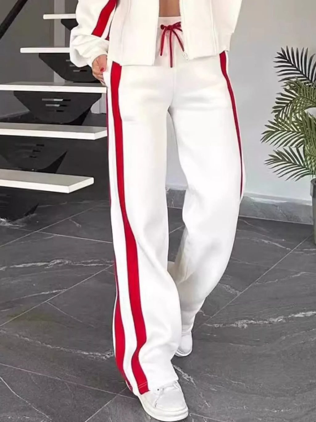 Full Size Contrast Stripe Zip Up Jacket and Pants Set Plus Size by Trendsi
