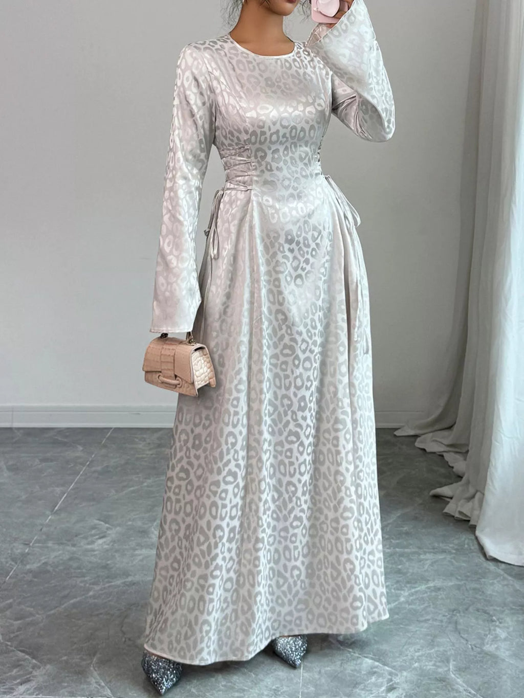 Leopard Lace Up Long Sleeve Maxi Dress by Trendsi