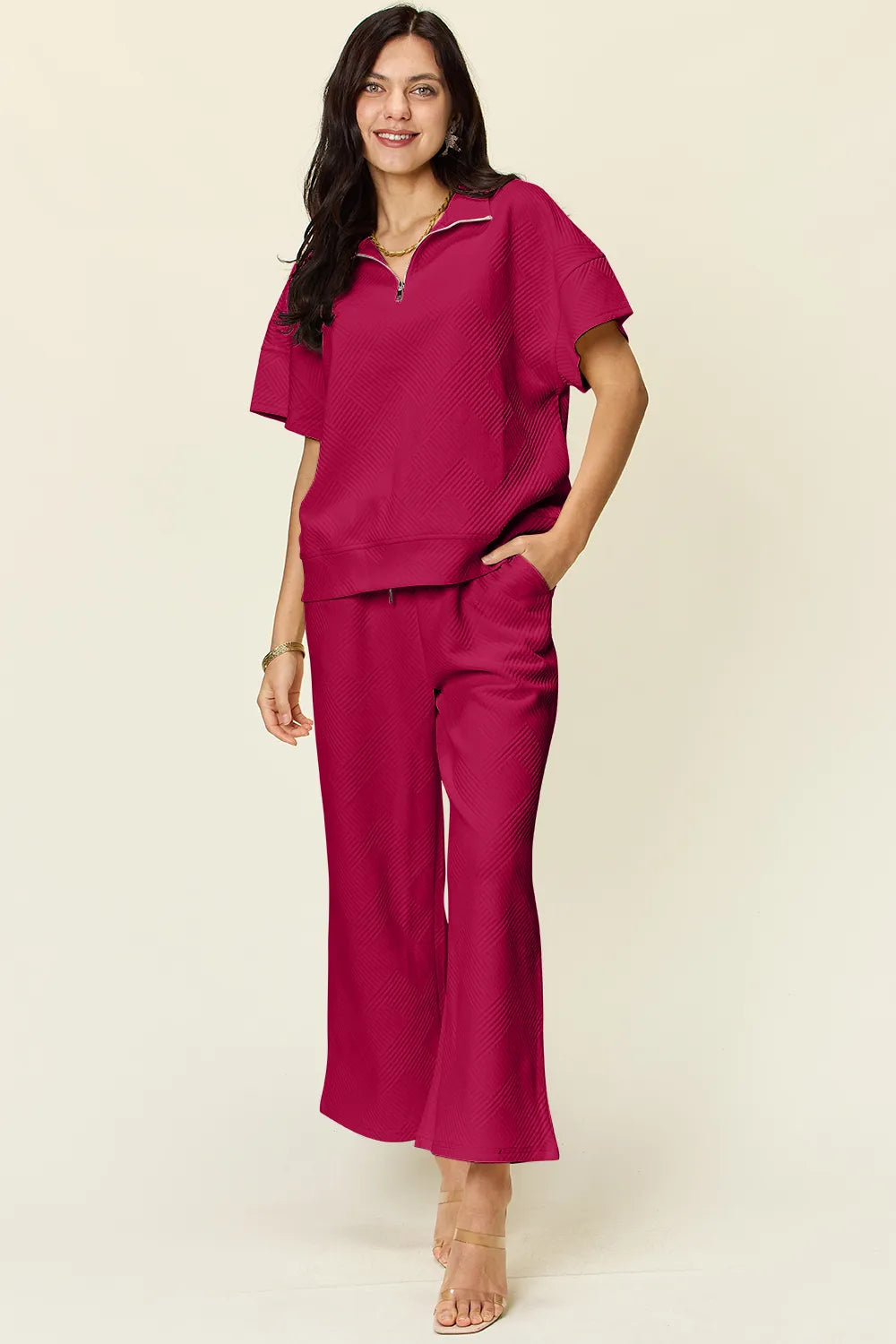 Double Take Full Size Texture Half Zip Short Sleeve Top and Pants Set by Trendsi