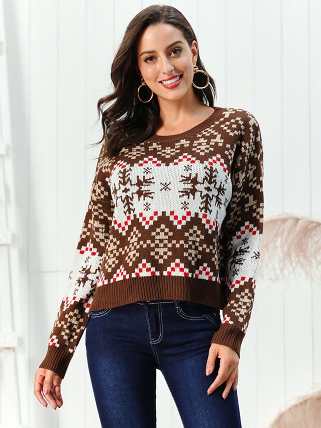 Snowflake Pattern Round Neck Sweater by Trendsi