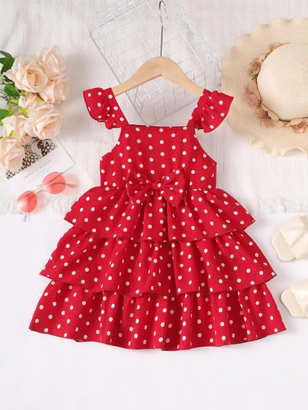 Bow Polka Dot Square Neck Layered Dress by Trendsi