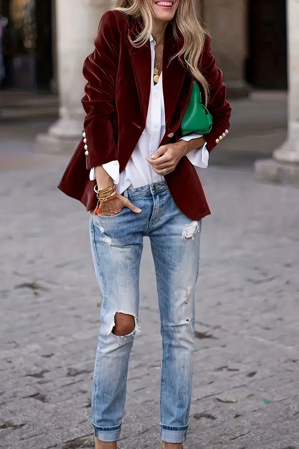 Lapel Collar One Button Blazer by Trendsi