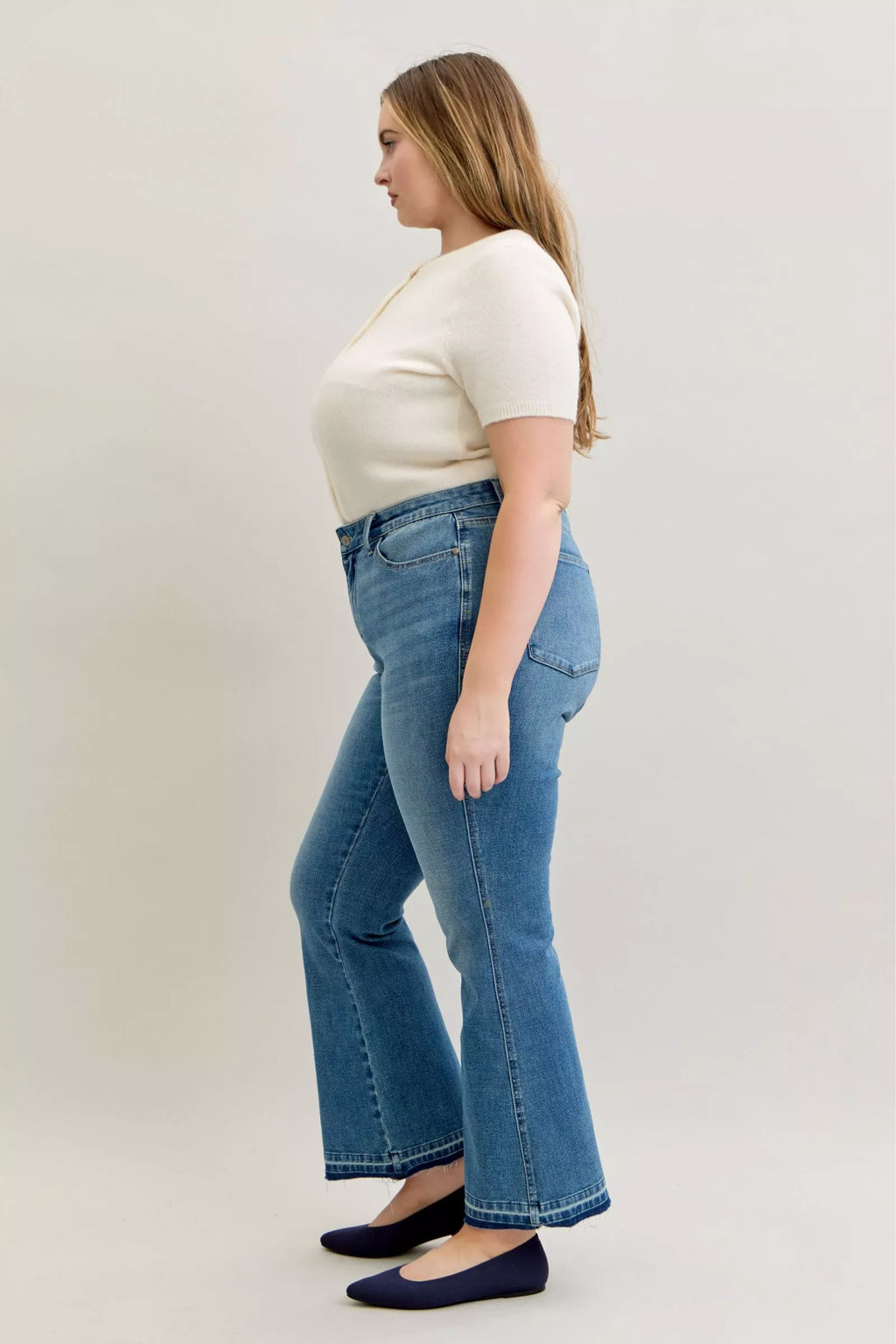 Judy Blue Full Size Mid Rise Slim Bootcut Tummy Control Release Hem Jeans Plus Size by Trendsi