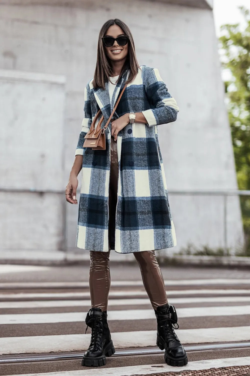 Double Take Full Size Plaid Button Up Lapel Collar Coat by Trendsi