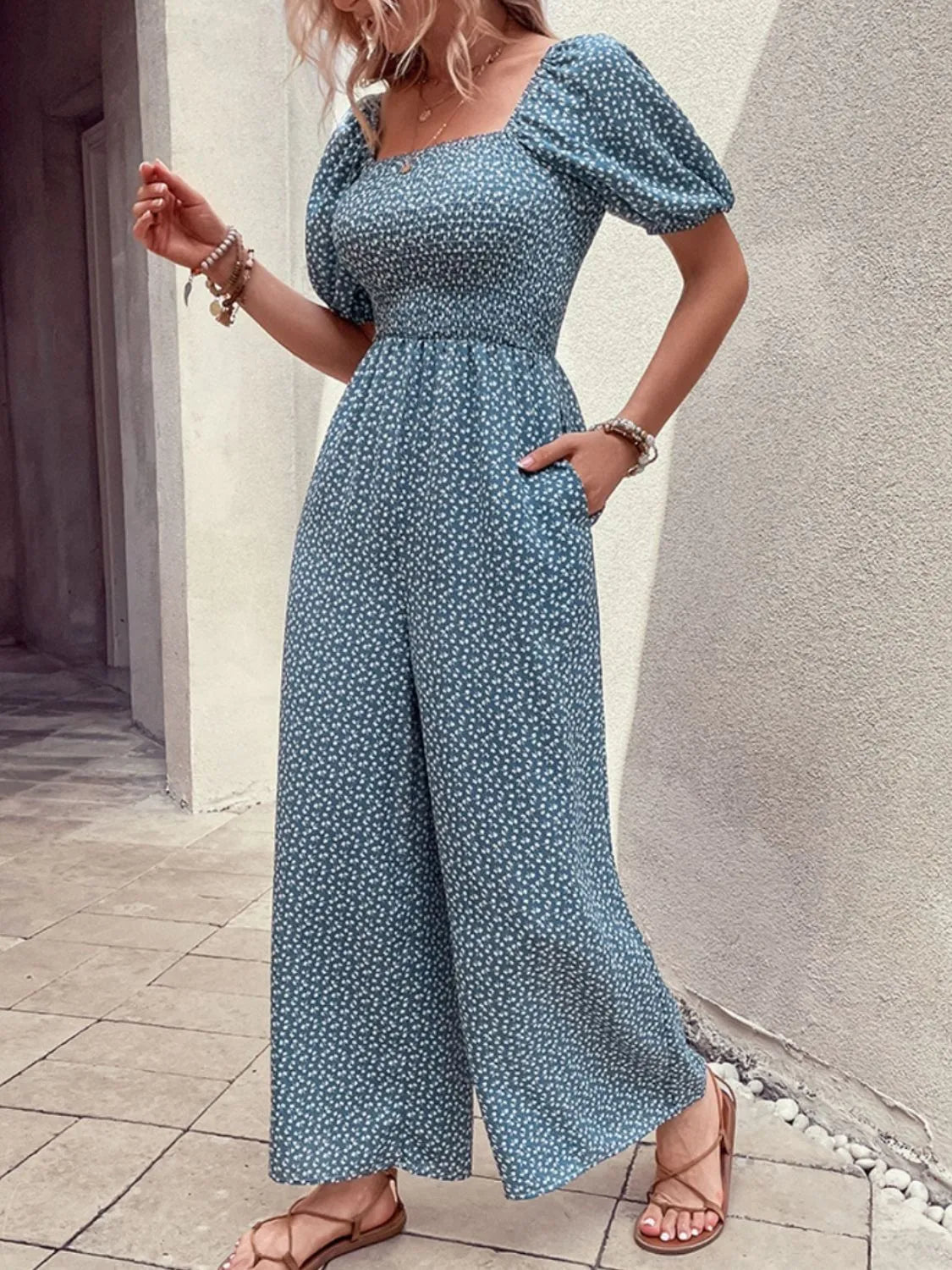 Printed Square Neck Puff Sleeve Jumpsuit by Trendsi