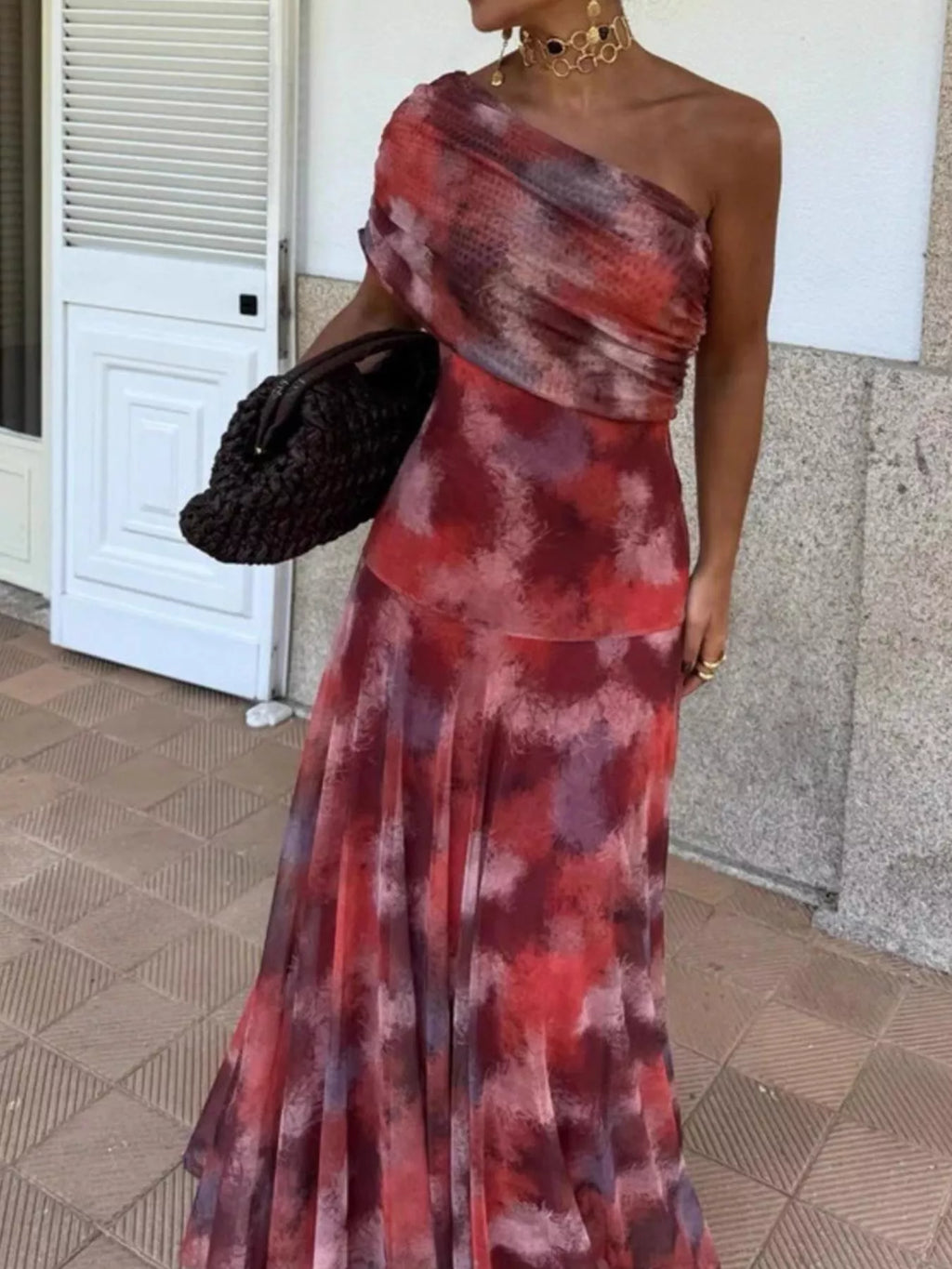 Printed Short Sleeve Maxi Dress by Trendsi