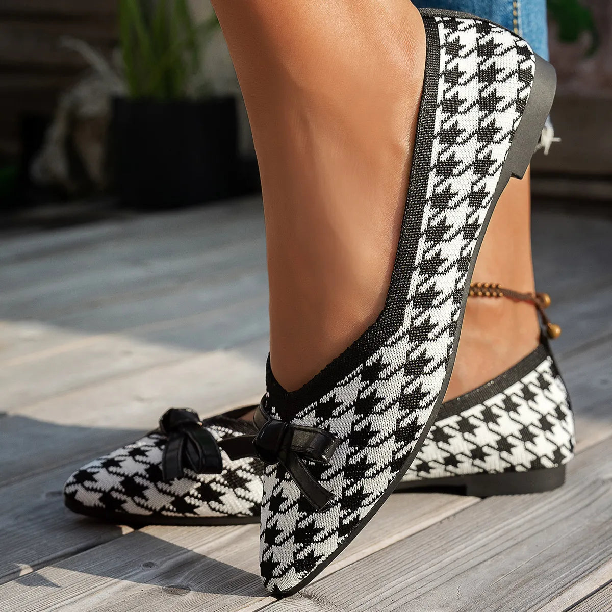 Houndstooth Point Toe Flats Slip-Ons by Trendsi