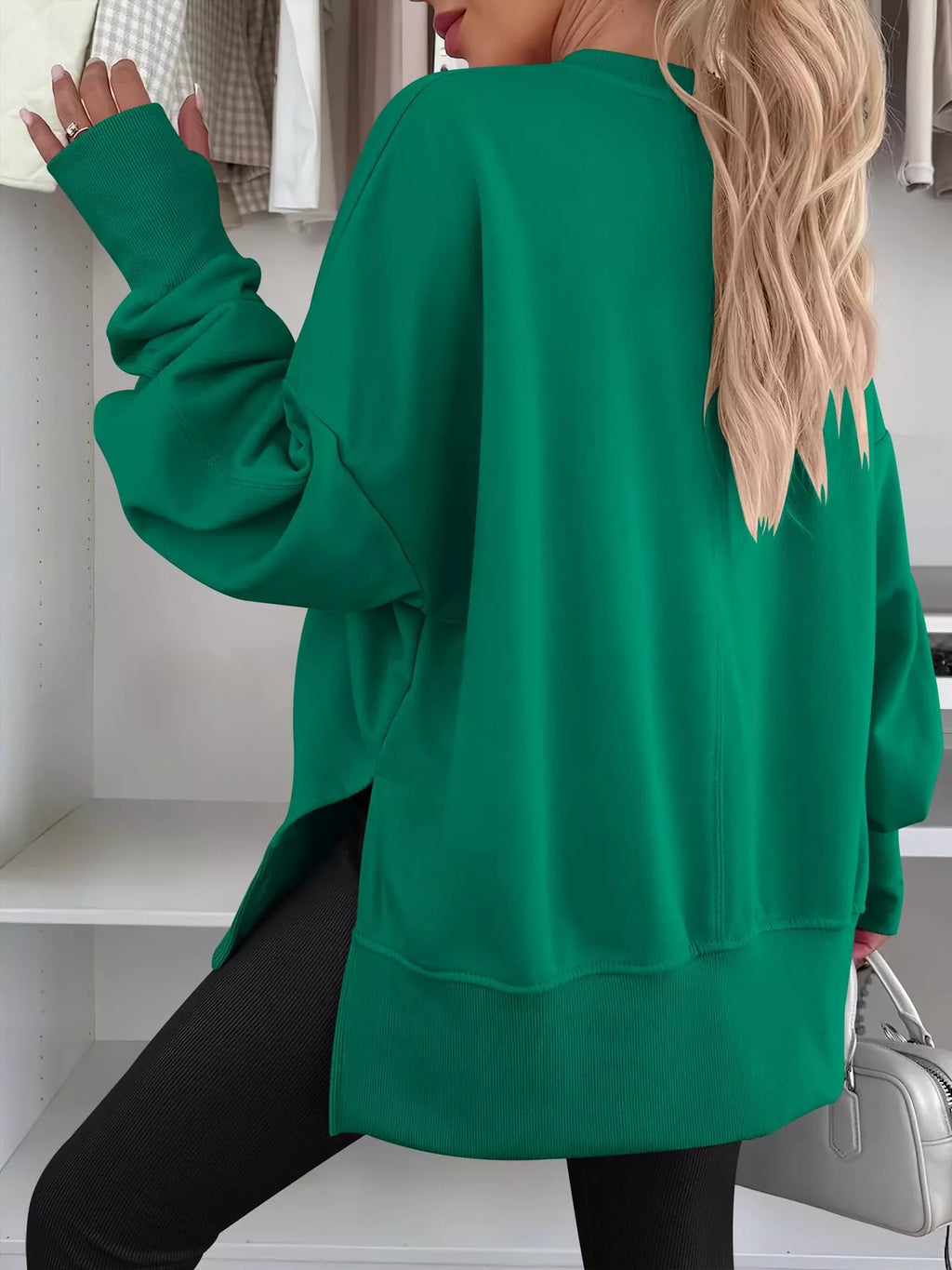 Side Slit Round Neck Long Sleeve Sweatshirt by Trendsi