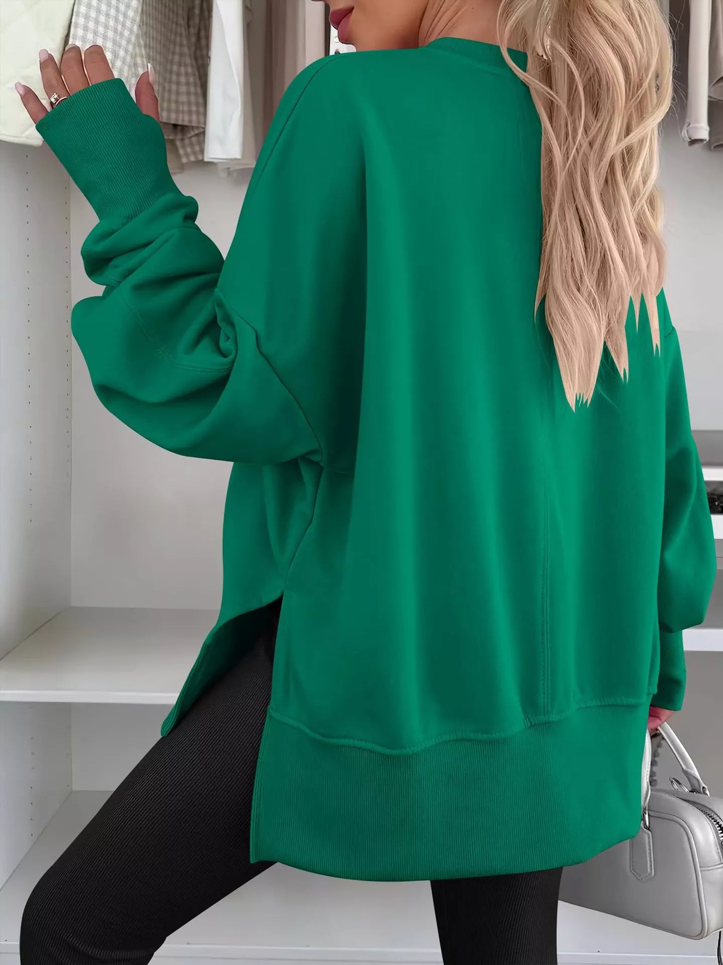 Side Slit Round Neck Long Sleeve Sweatshirt by Trendsi